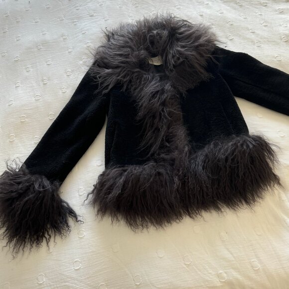 Charlotte simone black agfhan coat with grey fur collar - Picture 1 of 4